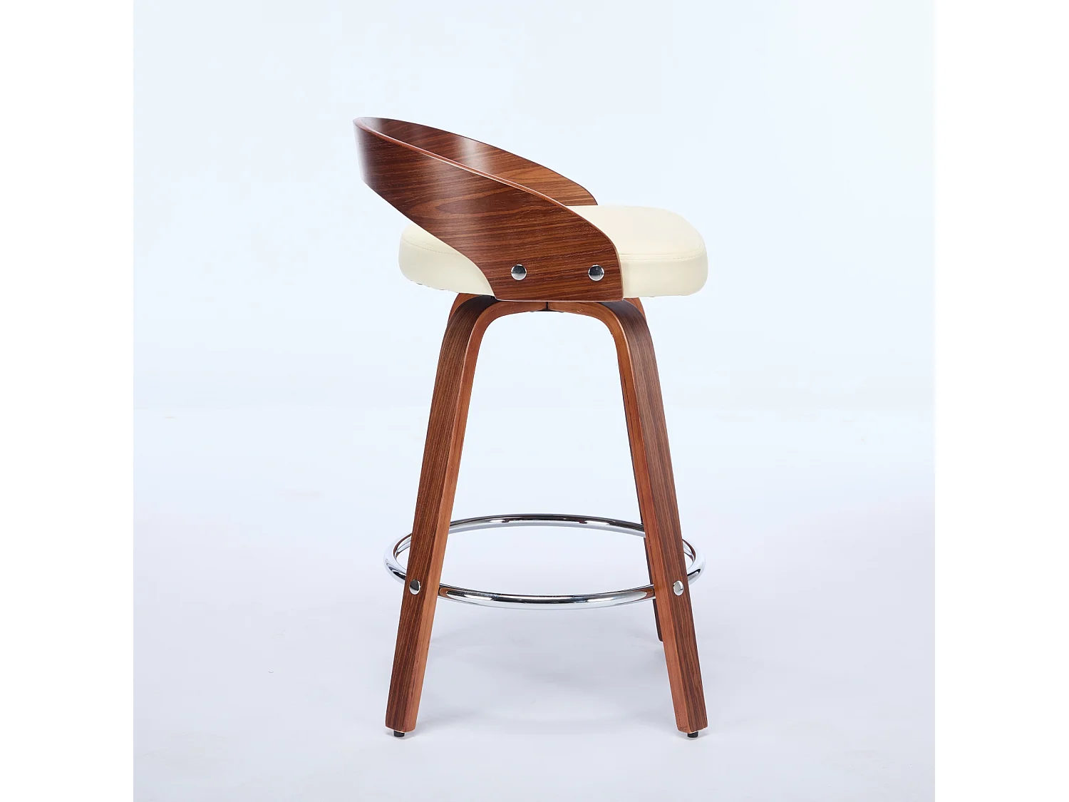 Juego de 2 taburetes de bar giratorios en PU con respaldo bajo - Beige y madera oscura