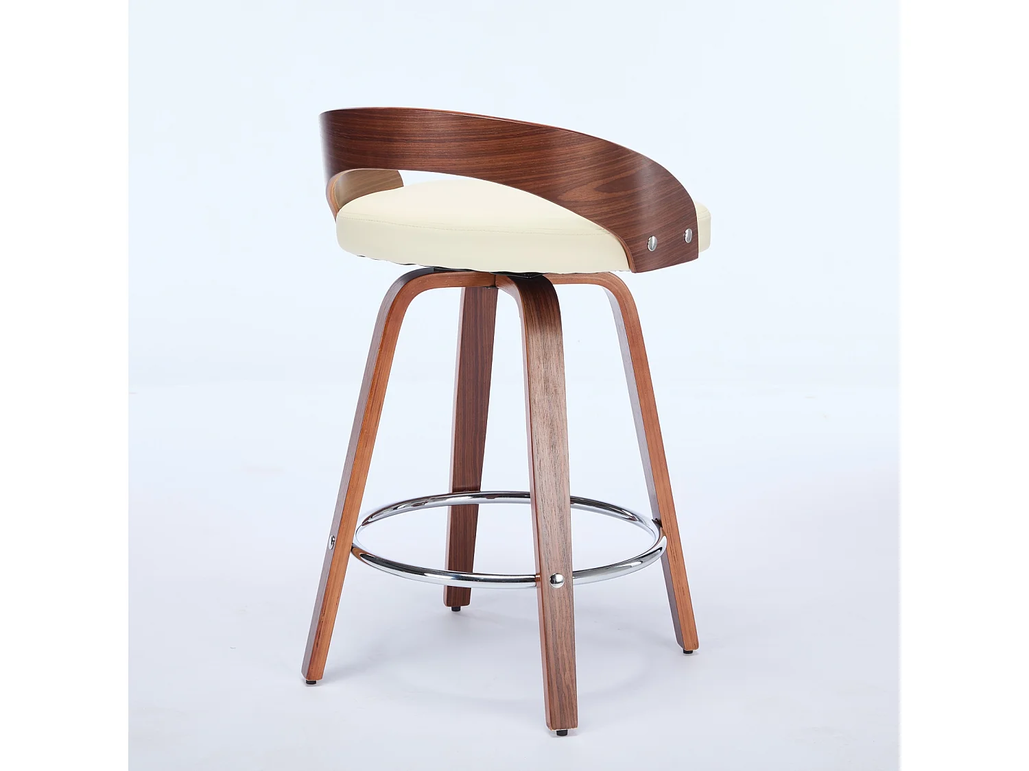 Juego de 2 taburetes de bar giratorios en PU con respaldo bajo - Beige y madera oscura