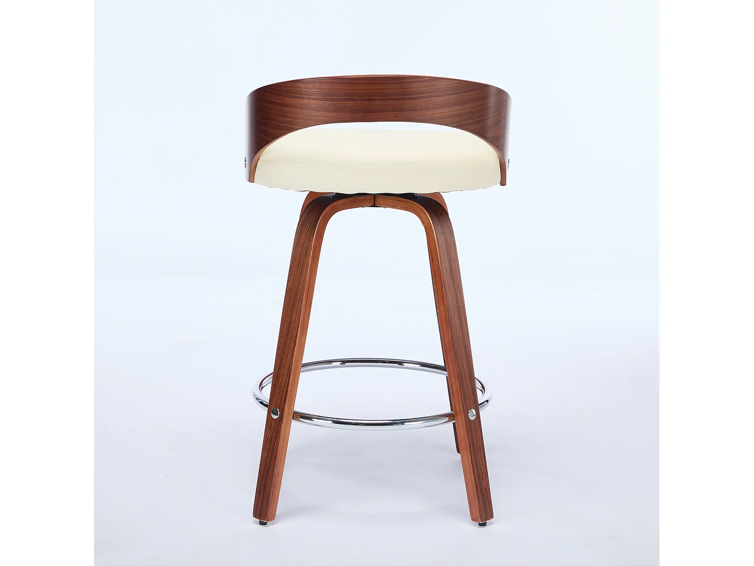 Juego de 2 taburetes de bar giratorios en PU con respaldo bajo - Beige y madera oscura