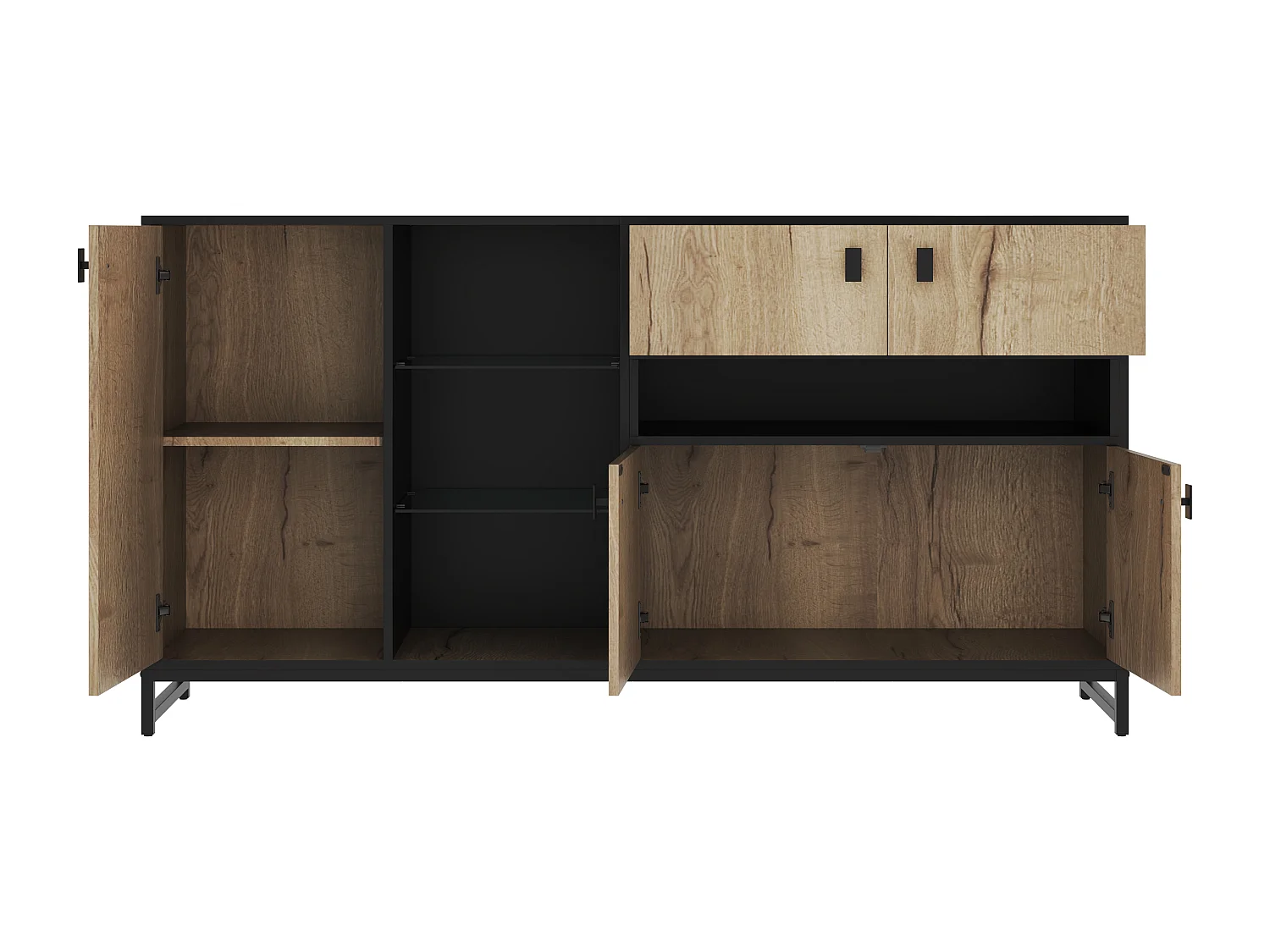 Dressoir met ledverlichting, 2 lades en 3 deuren - Open glazen planken - Hout en zwarte afwerking