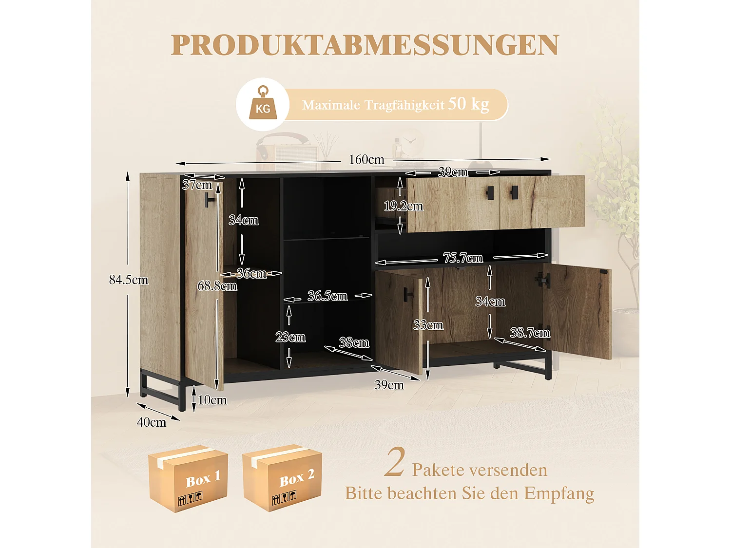 Dressoir met ledverlichting, 2 lades en 3 deuren - Open glazen planken - Hout en zwarte afwerking