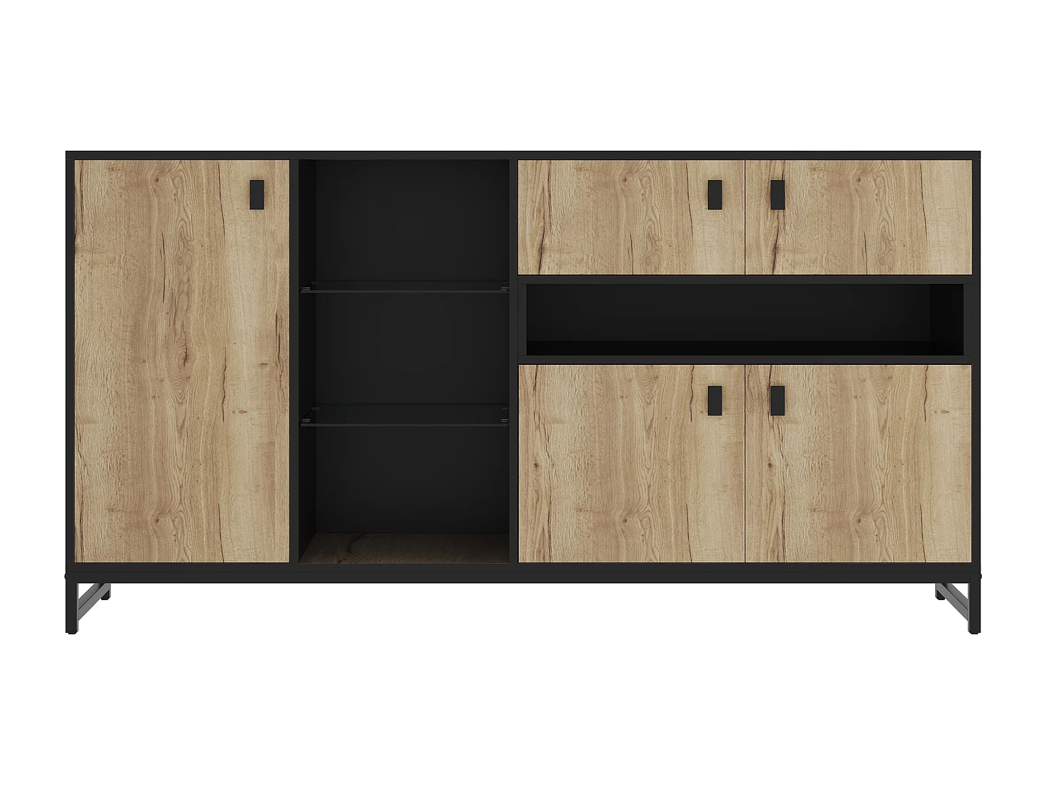 Dressoir met ledverlichting, 2 lades en 3 deuren - Open glazen planken - Hout en zwarte afwerking