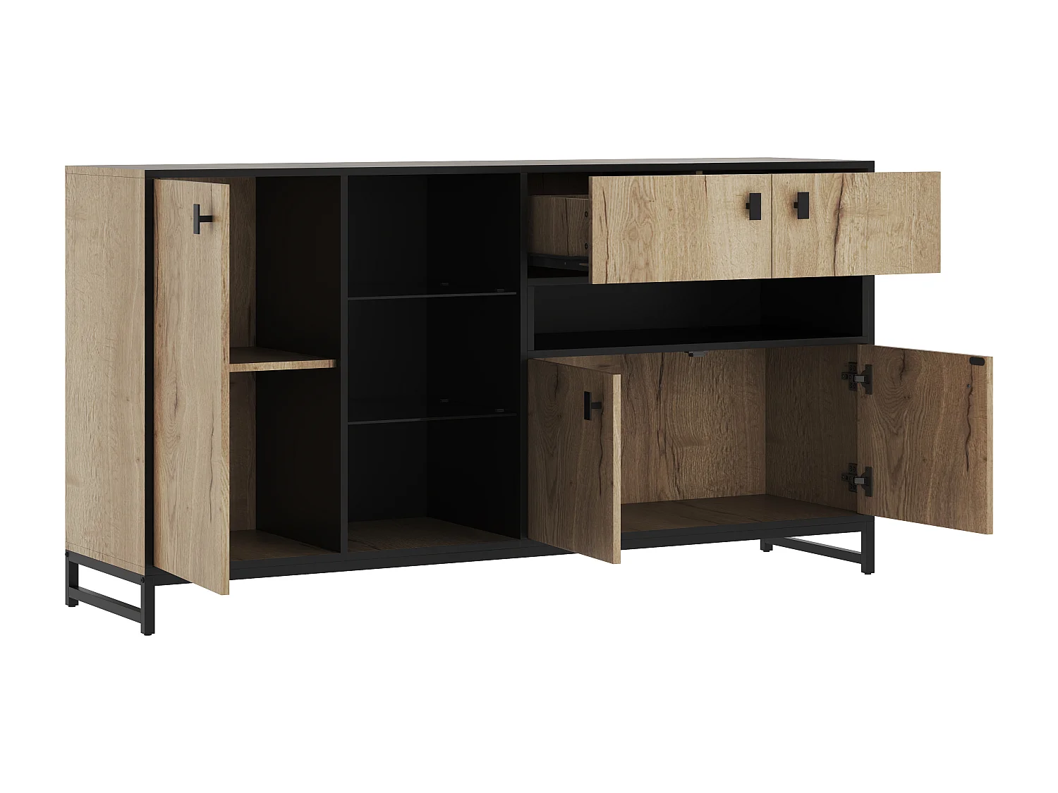 Dressoir met ledverlichting, 2 lades en 3 deuren - Open glazen planken - Hout en zwarte afwerking