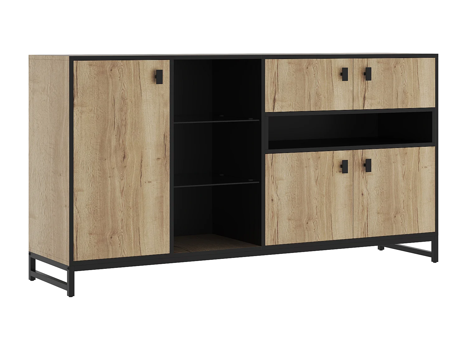 Dressoir met ledverlichting, 2 lades en 3 deuren - Open glazen planken - Hout en zwarte afwerking