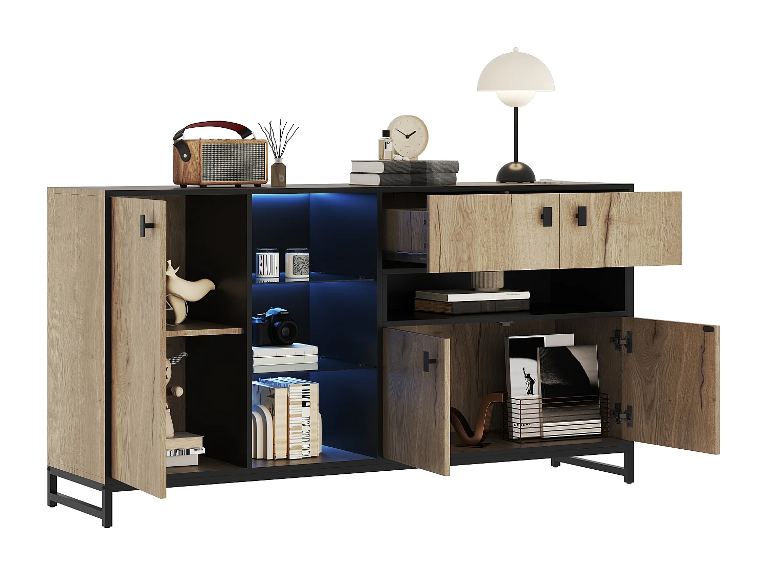 Dressoir met ledverlichting, 2 lades en 3 deuren - Open glazen planken - Hout en zwarte afwerking