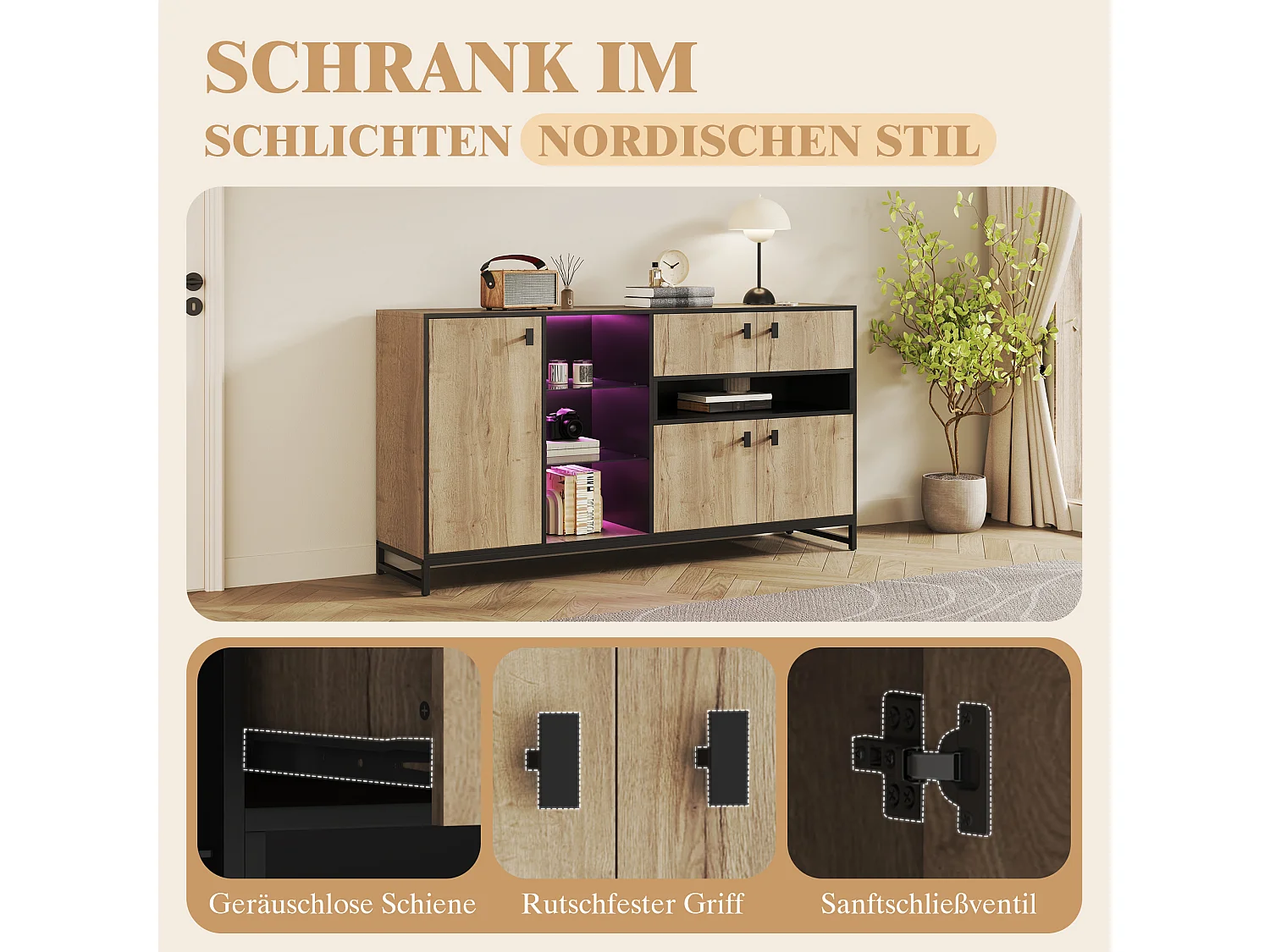 Dressoir met ledverlichting, 2 lades en 3 deuren - Open glazen planken - Hout en zwarte afwerking