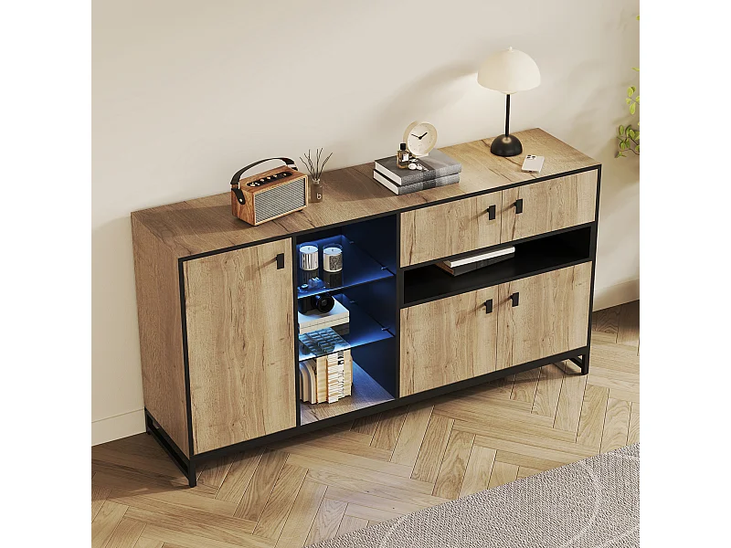 Dressoir met ledverlichting, 2 lades en 3 deuren - Open glazen planken - Hout en zwarte afwerking