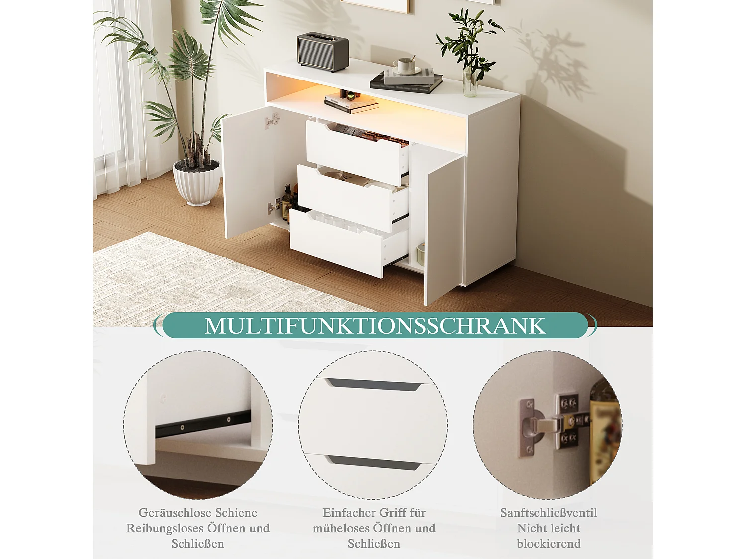 Dressoir met LED-verlichting, 3 lades en 2 deuren - Wit 120x40x85 cm