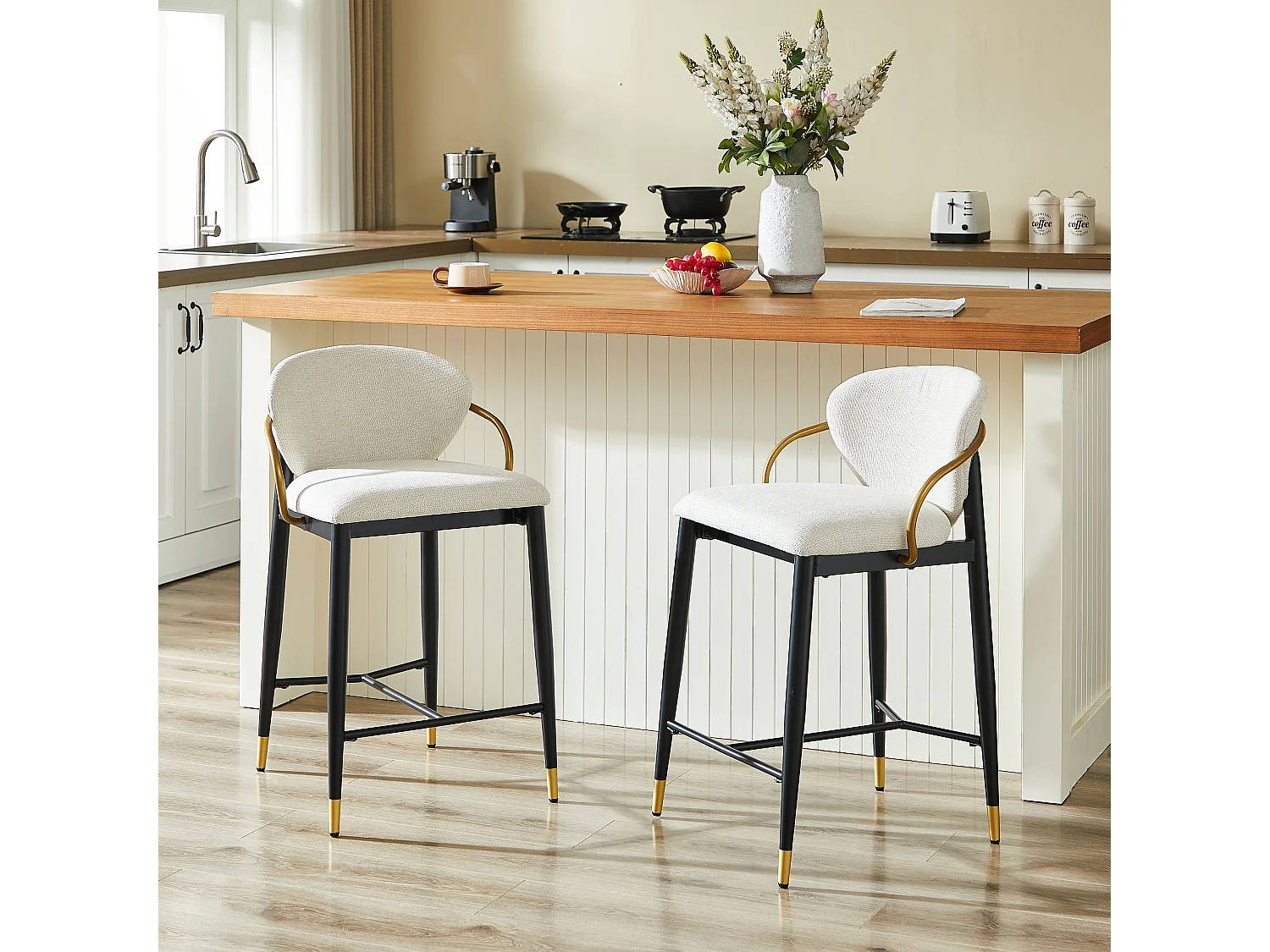 Lot de 2 tabourets de bar beige en tissu - Cadre en métal
