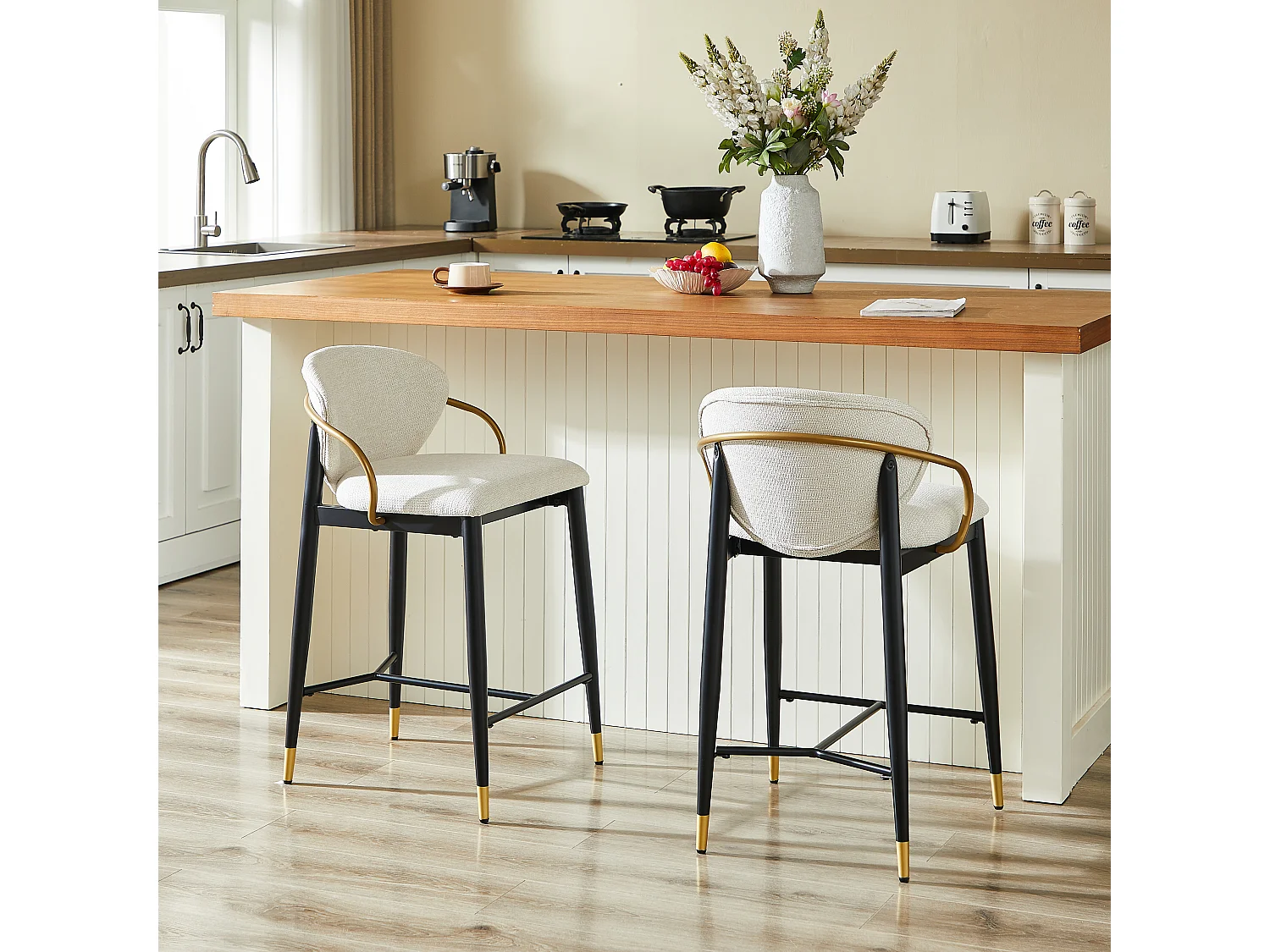 Lot de 2 tabourets de bar beige en tissu - Cadre en métal