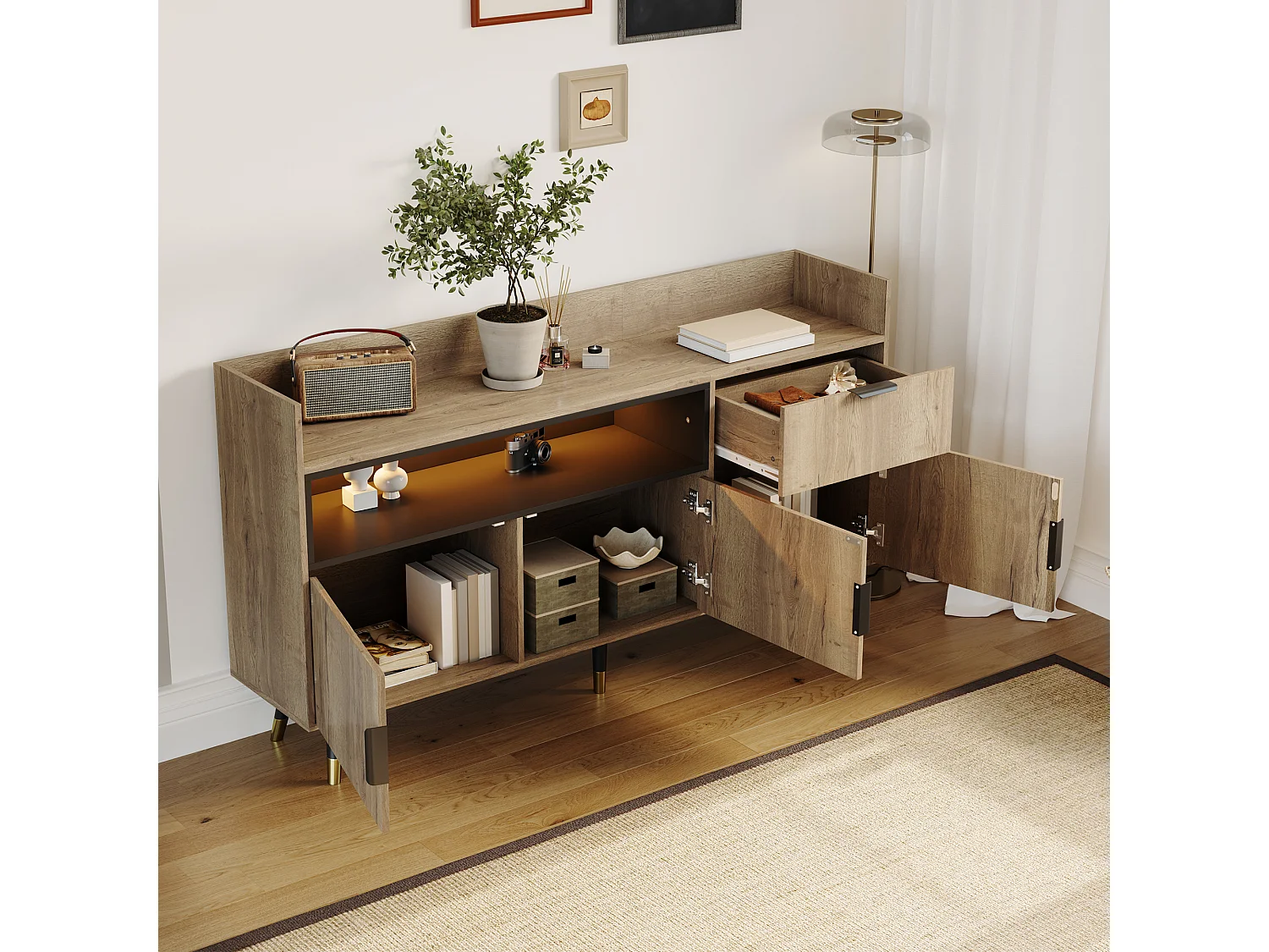 Credenza con illuminazione a LED, cassetto e 3 ante - Color legno 160x35x85cm