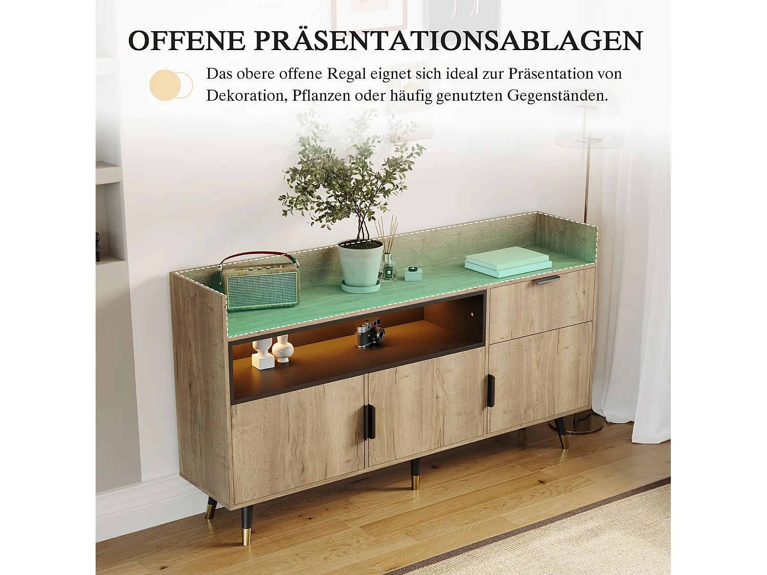 Credenza con illuminazione a LED, cassetto e 3 ante - Color legno 160x35x85cm