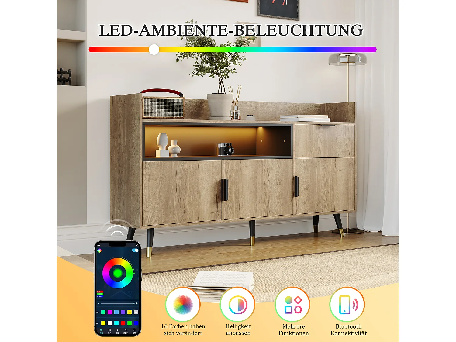Credenza con illuminazione a LED, cassetto e 3 ante - Color legno 160x35x85cm