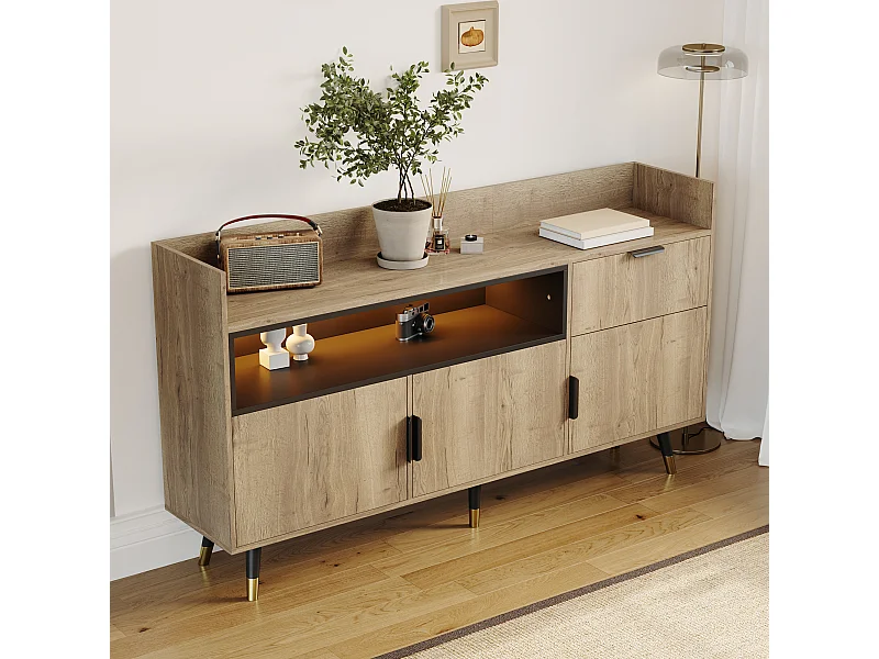 Credenza con illuminazione a LED, cassetto e 3 ante - Color legno 160x35x85cm