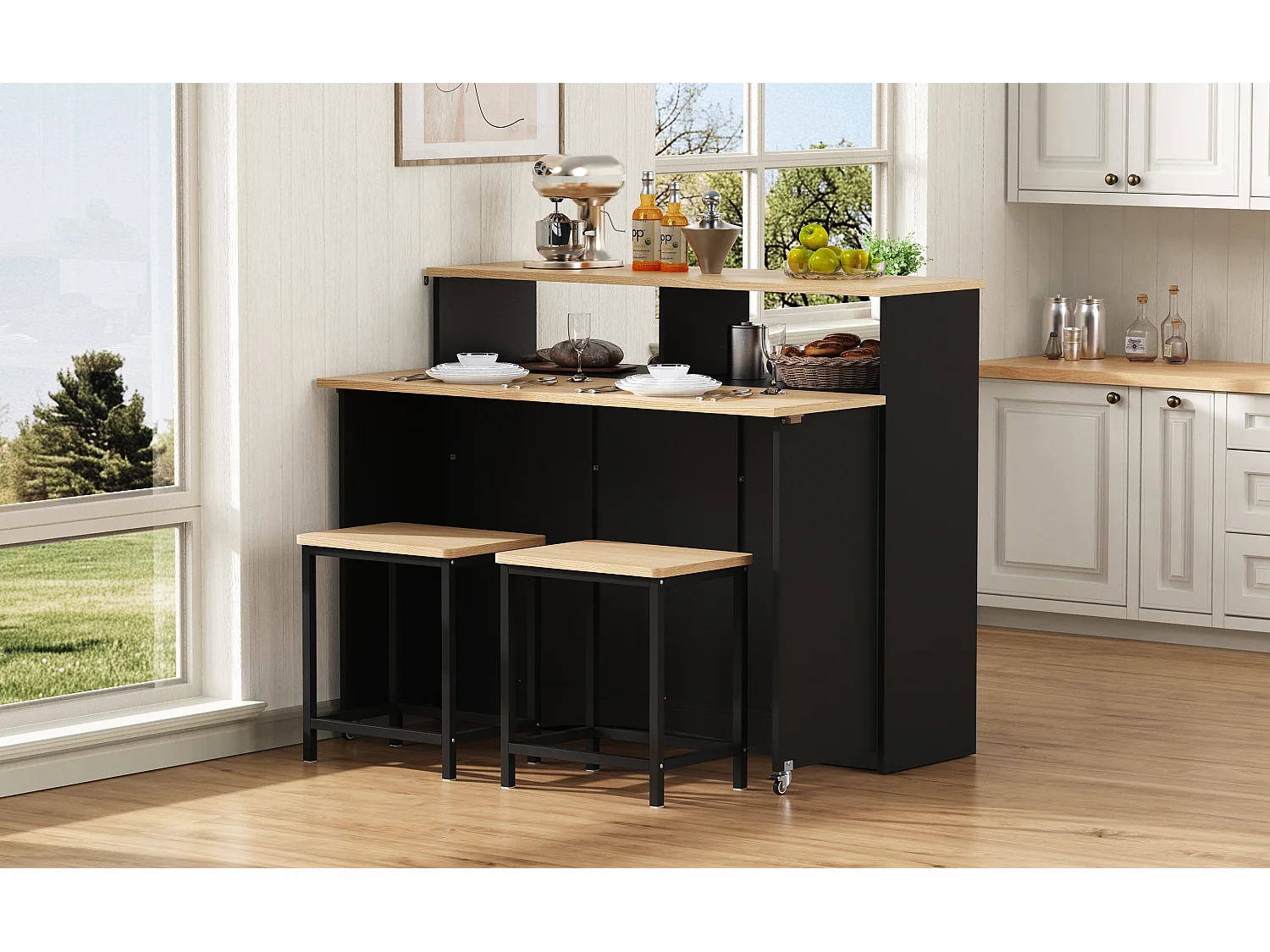 Isla de cocina con ruedas con 2 puertas y 2 sillas - Zona de comedor extensible - Negro y natural claro