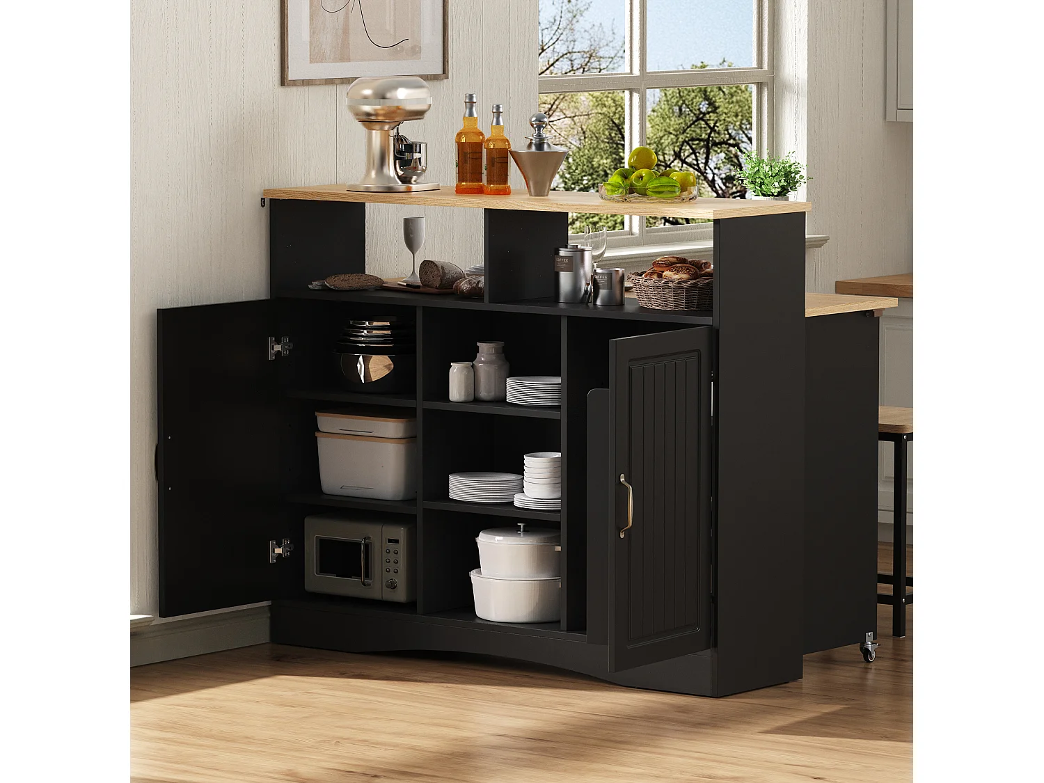 Isla de cocina con ruedas con 2 puertas y 2 sillas - Zona de comedor extensible - Negro y natural claro