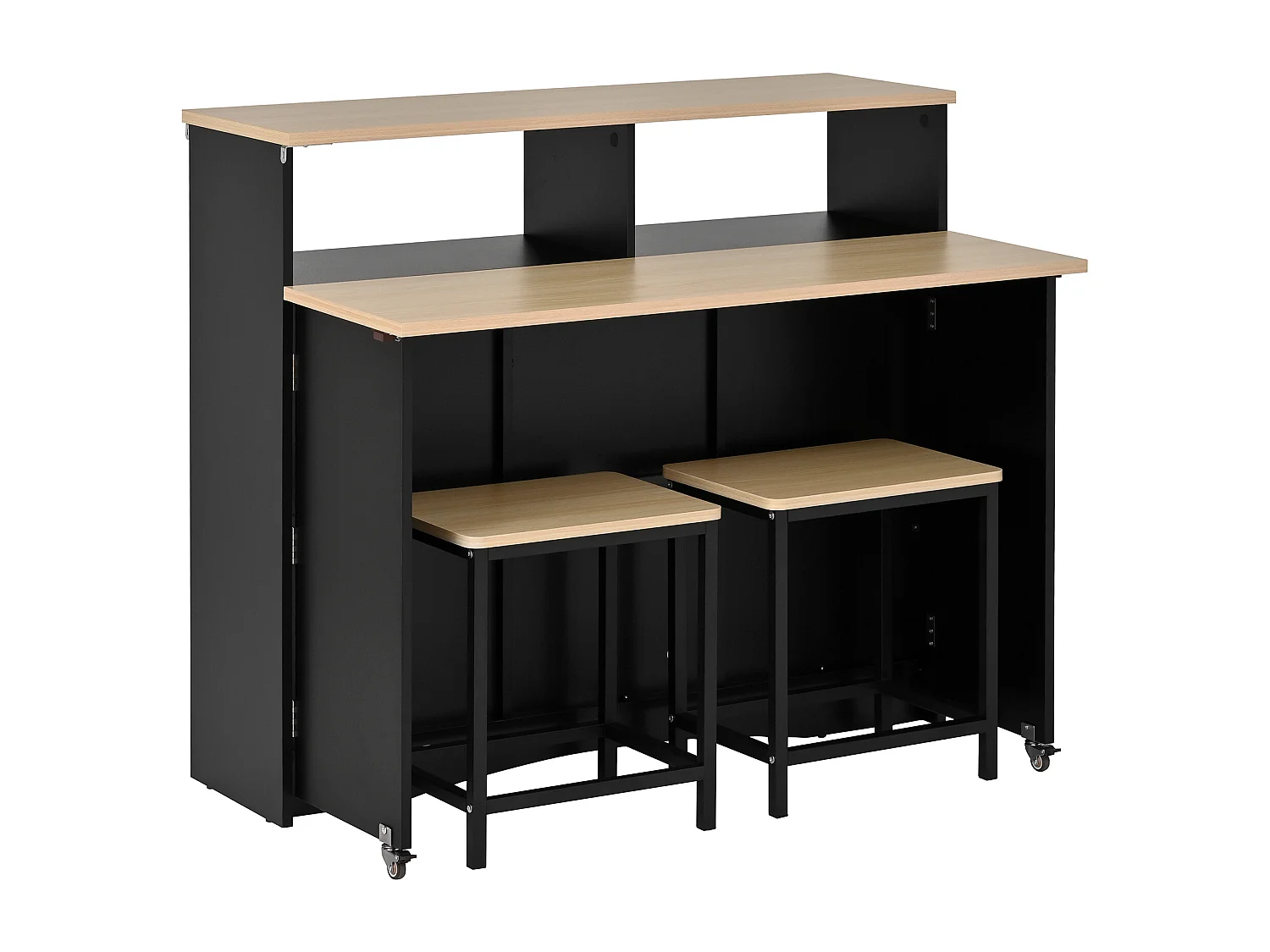 Isla de cocina con ruedas con 2 puertas y 2 sillas - Zona de comedor extensible - Negro y natural claro