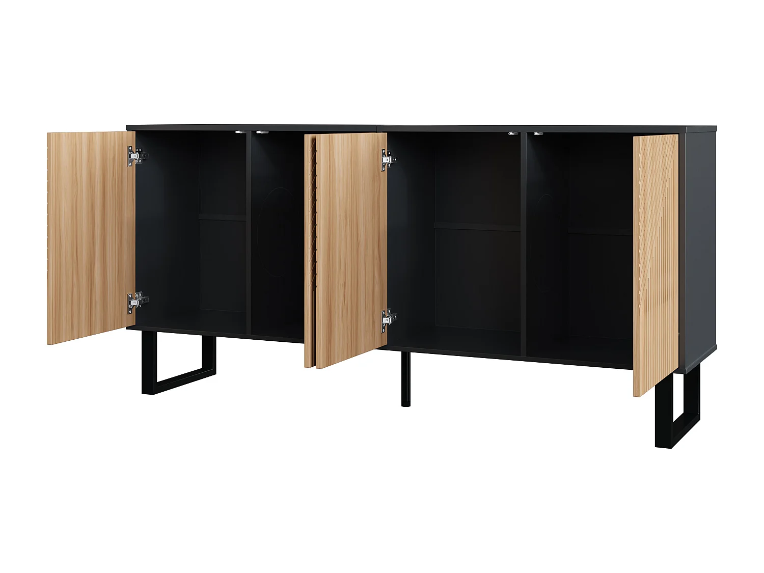 Buffet minimaliste avec 4 portes à rayures - Couleur bois et noir