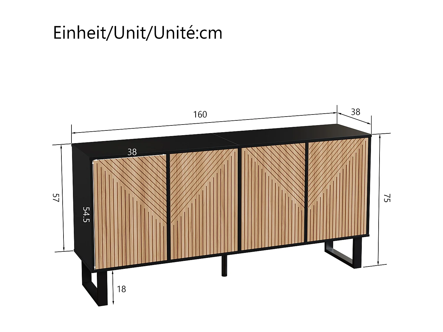Buffet minimaliste avec 4 portes à rayures - Couleur bois et noir