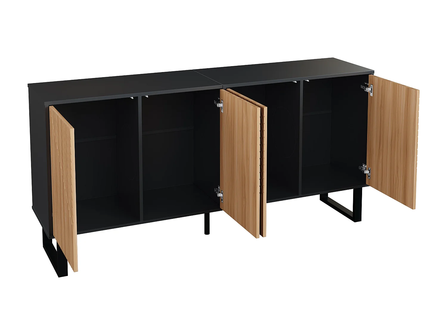 Buffet minimaliste avec 4 portes à rayures - Couleur bois et noir