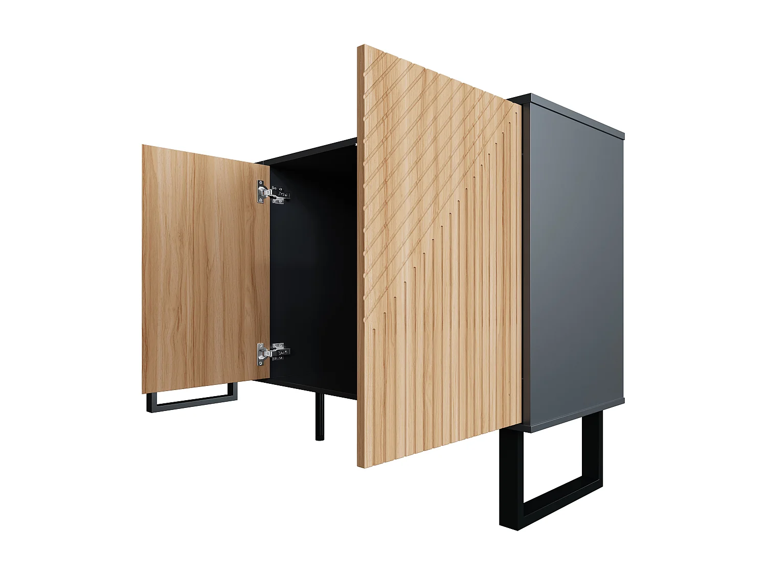 Buffet minimaliste avec 4 portes à rayures - Couleur bois et noir