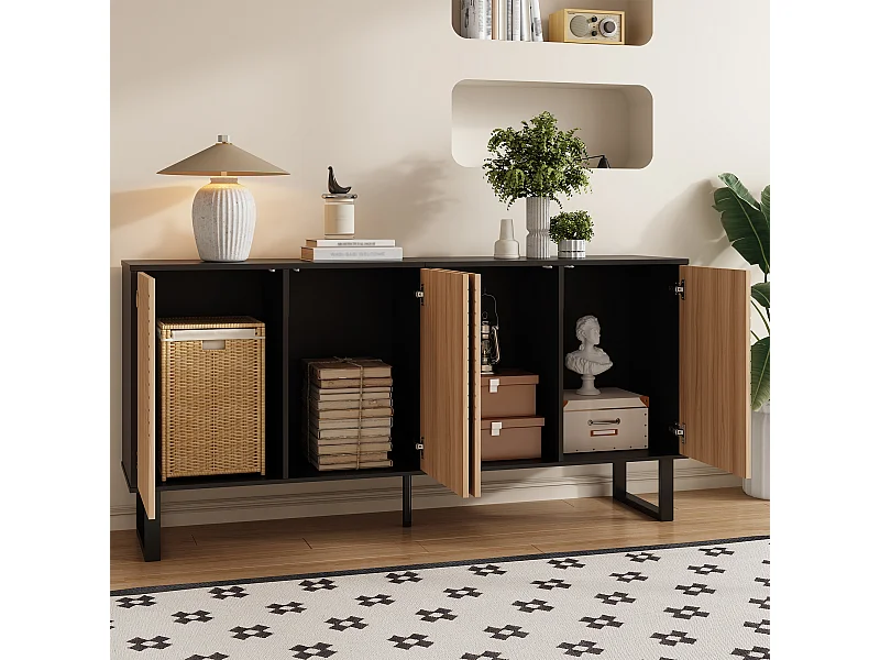 Buffet minimaliste avec 4 portes à rayures - Couleur bois et noir