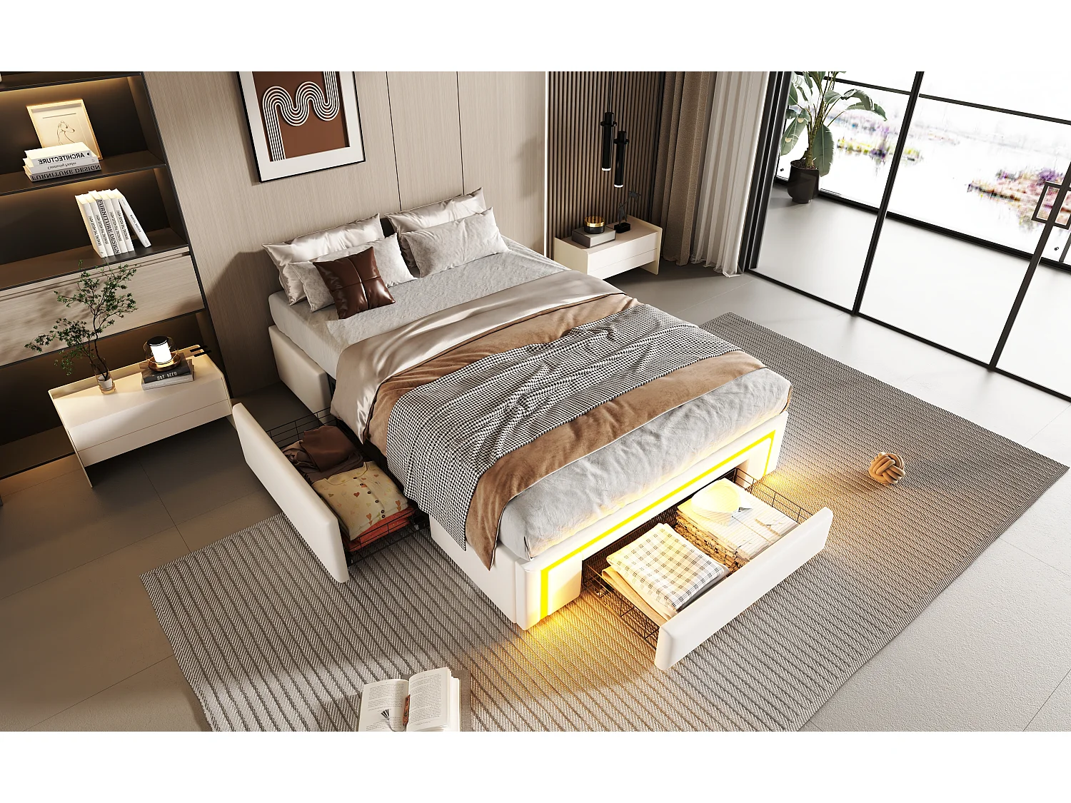 Eenpersoonsbed 90x200cm met 2 lades en ledverlichting - Witte PU-bekleding zonder hoofdbord - Metalen lattenbodem