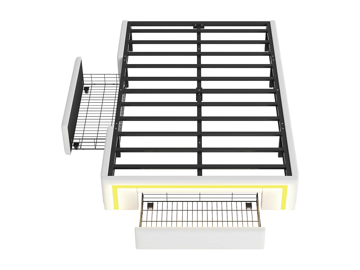 Eenpersoonsbed 90x200cm met 2 lades en ledverlichting - Witte PU-bekleding zonder hoofdbord - Metalen lattenbodem