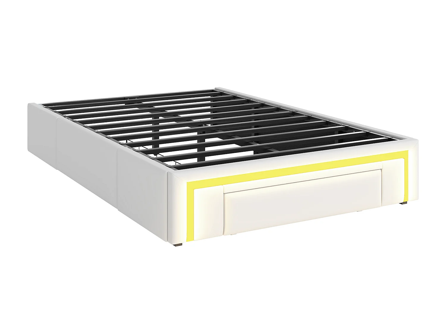 Eenpersoonsbed 90x200cm met 2 lades en ledverlichting - Witte PU-bekleding zonder hoofdbord - Metalen lattenbodem