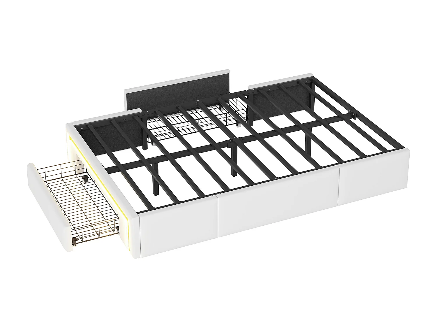 Eenpersoonsbed 90x200cm met 2 lades en ledverlichting - Witte PU-bekleding zonder hoofdbord - Metalen lattenbodem