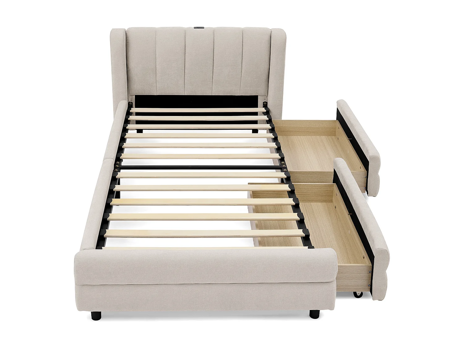 Eenpersoonsbed 90x200 cm met USB-aansluiting en 2 lades - Beige chenille stof (matras niet inbegrepen)