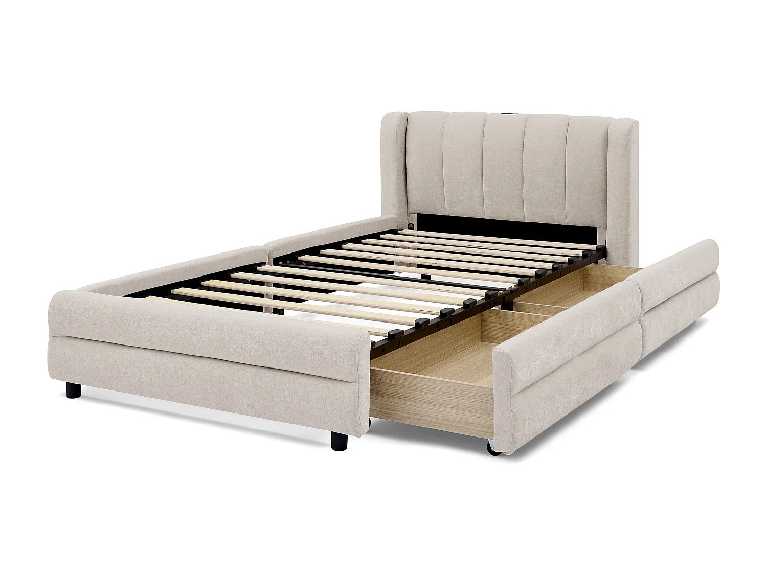 Eenpersoonsbed 90x200 cm met USB-aansluiting en 2 lades - Beige chenille stof (matras niet inbegrepen)