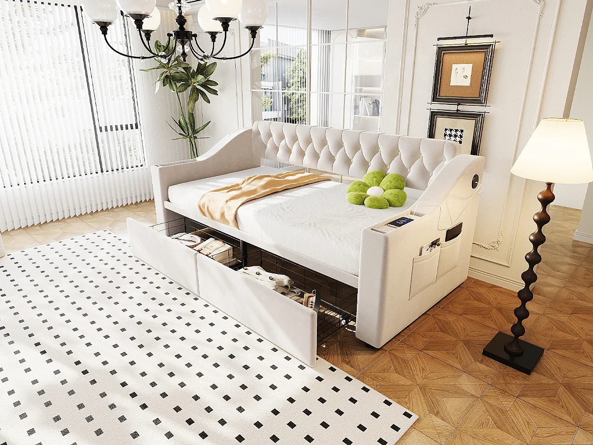 Lit banquette enfant 90x190 cm avec ports USB/Type-C et 2 tiroirs - Velours beige