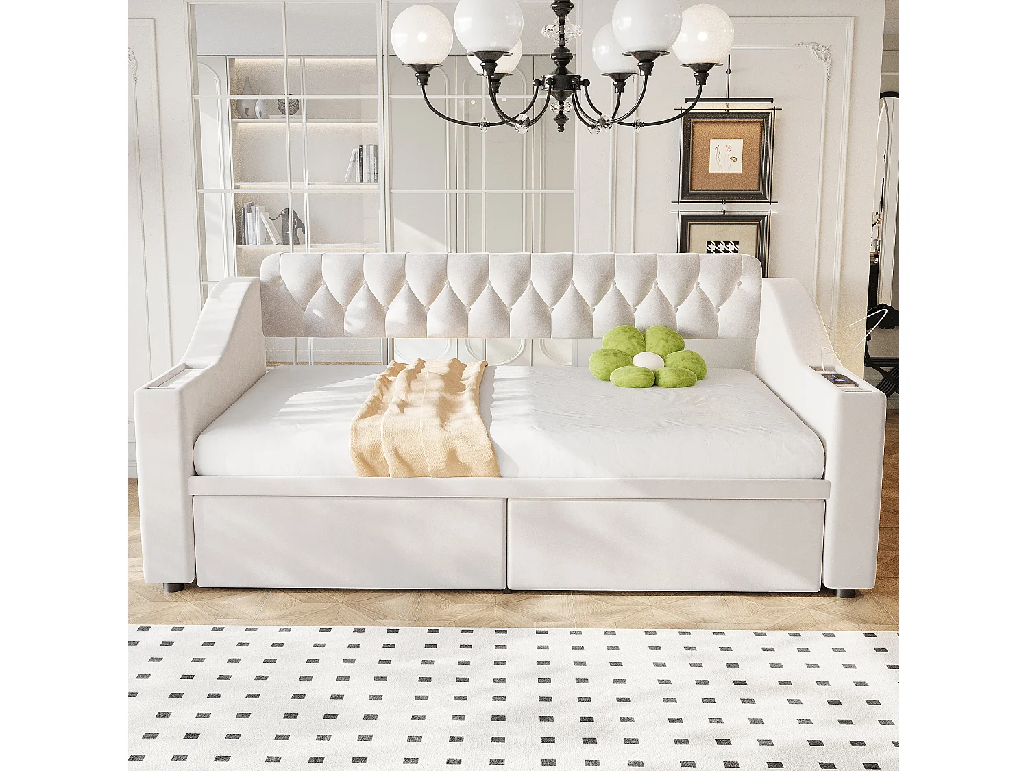 Lit banquette enfant 90x190 cm avec ports USB/Type-C et 2 tiroirs - Velours beige