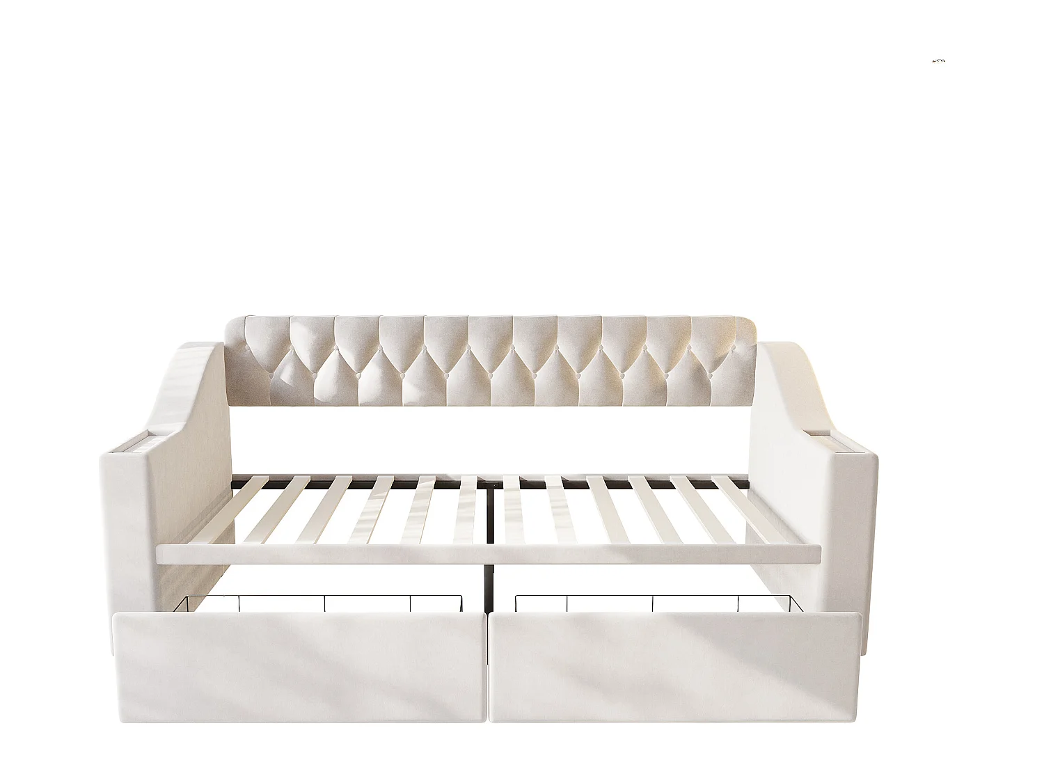 Lit banquette enfant 90x190 cm avec ports USB/Type-C et 2 tiroirs - Velours beige