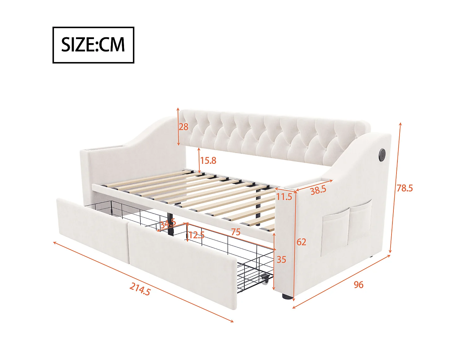 Lit banquette enfant 90x190 cm avec ports USB/Type-C et 2 tiroirs - Velours beige