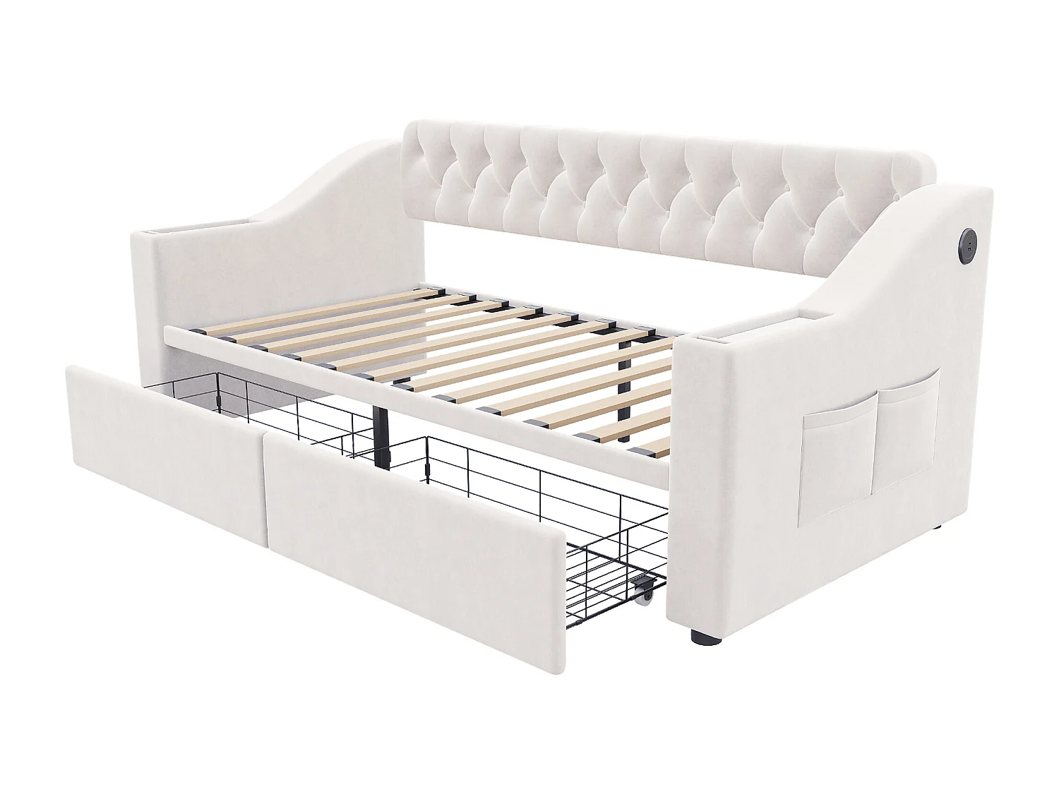 Lit banquette enfant 90x190 cm avec ports USB/Type-C et 2 tiroirs - Velours beige