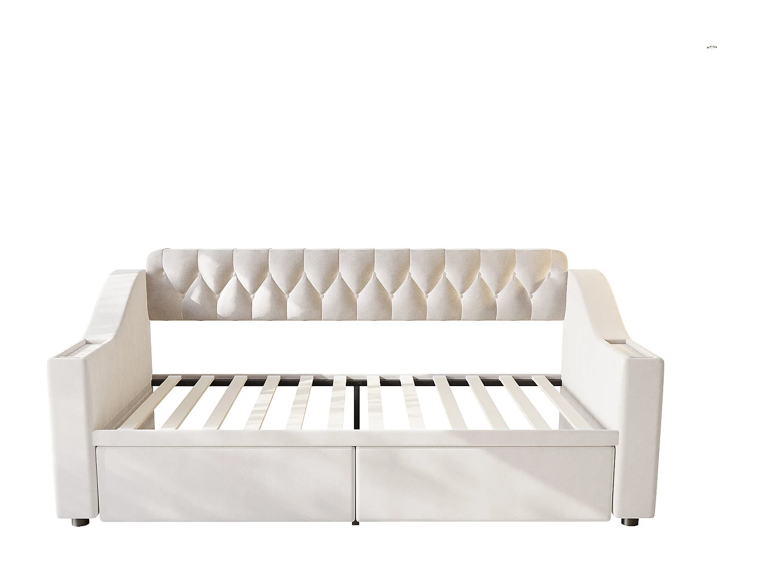Lit banquette enfant 90x190 cm avec ports USB/Type-C et 2 tiroirs - Velours beige