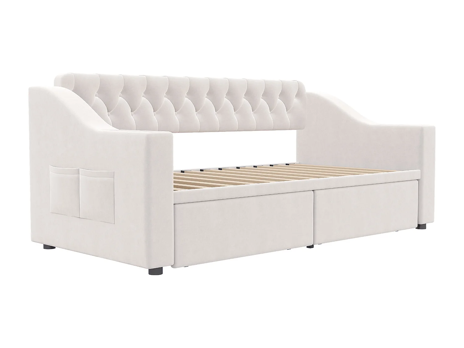 Lit banquette enfant 90x190 cm avec ports USB/Type-C et 2 tiroirs - Velours beige