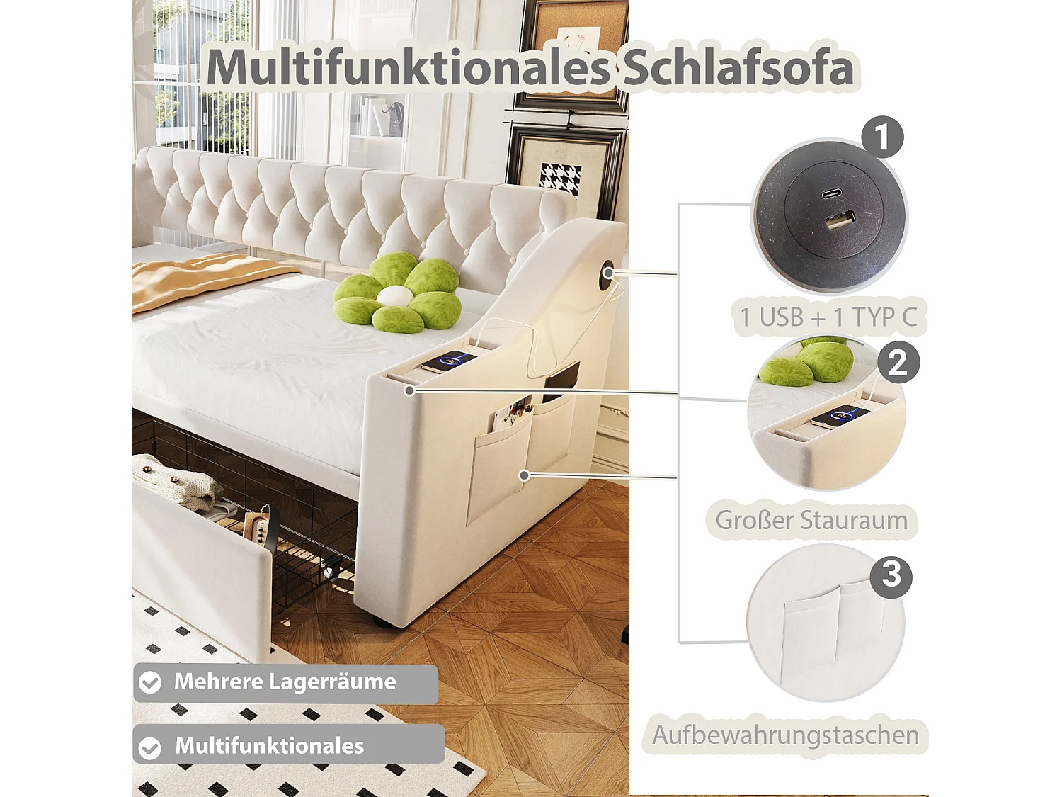 Lit banquette enfant 90x190 cm avec ports USB/Type-C et 2 tiroirs - Velours beige