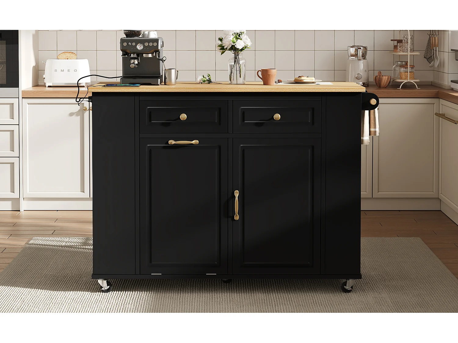 Isla de cocina negra con ruedas, 2 cajones y toma de corriente - Carro de servicio negro con superficie extensible 120x40-70 cm