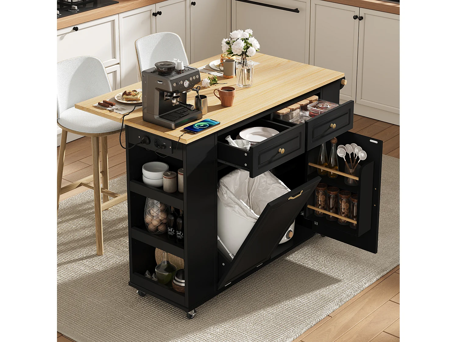 Isla de cocina negra con ruedas, 2 cajones y toma de corriente - Carro de servicio negro con superficie extensible 120x40-70 cm