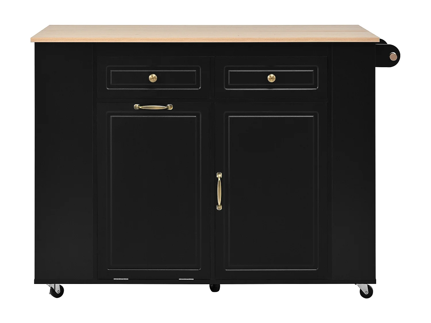 Isla de cocina negra con ruedas, 2 cajones y toma de corriente - Carro de servicio negro con superficie extensible 120x40-70 cm