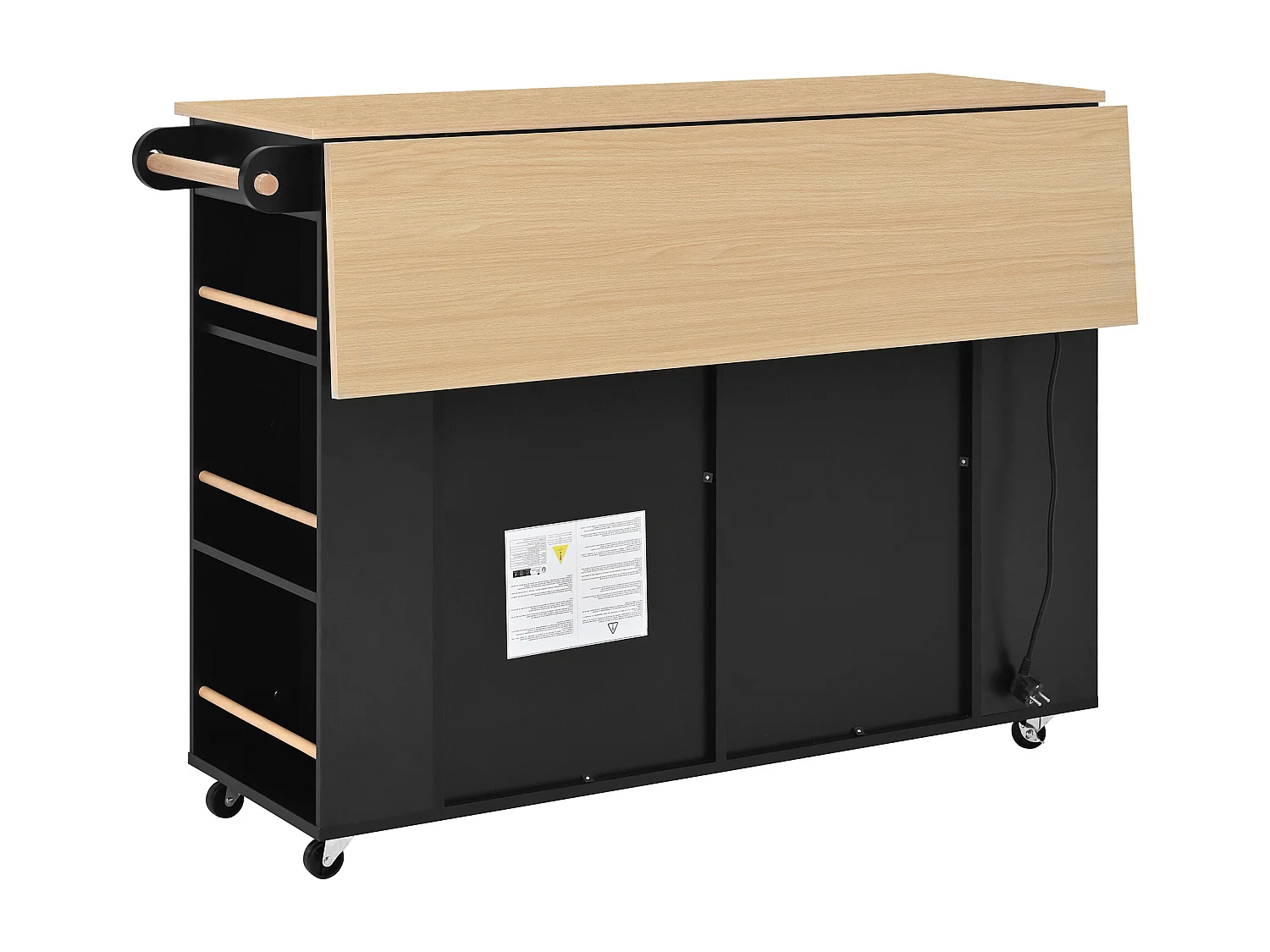 Isla de cocina negra con ruedas, 2 cajones y toma de corriente - Carro de servicio negro con superficie extensible 120x40-70 cm