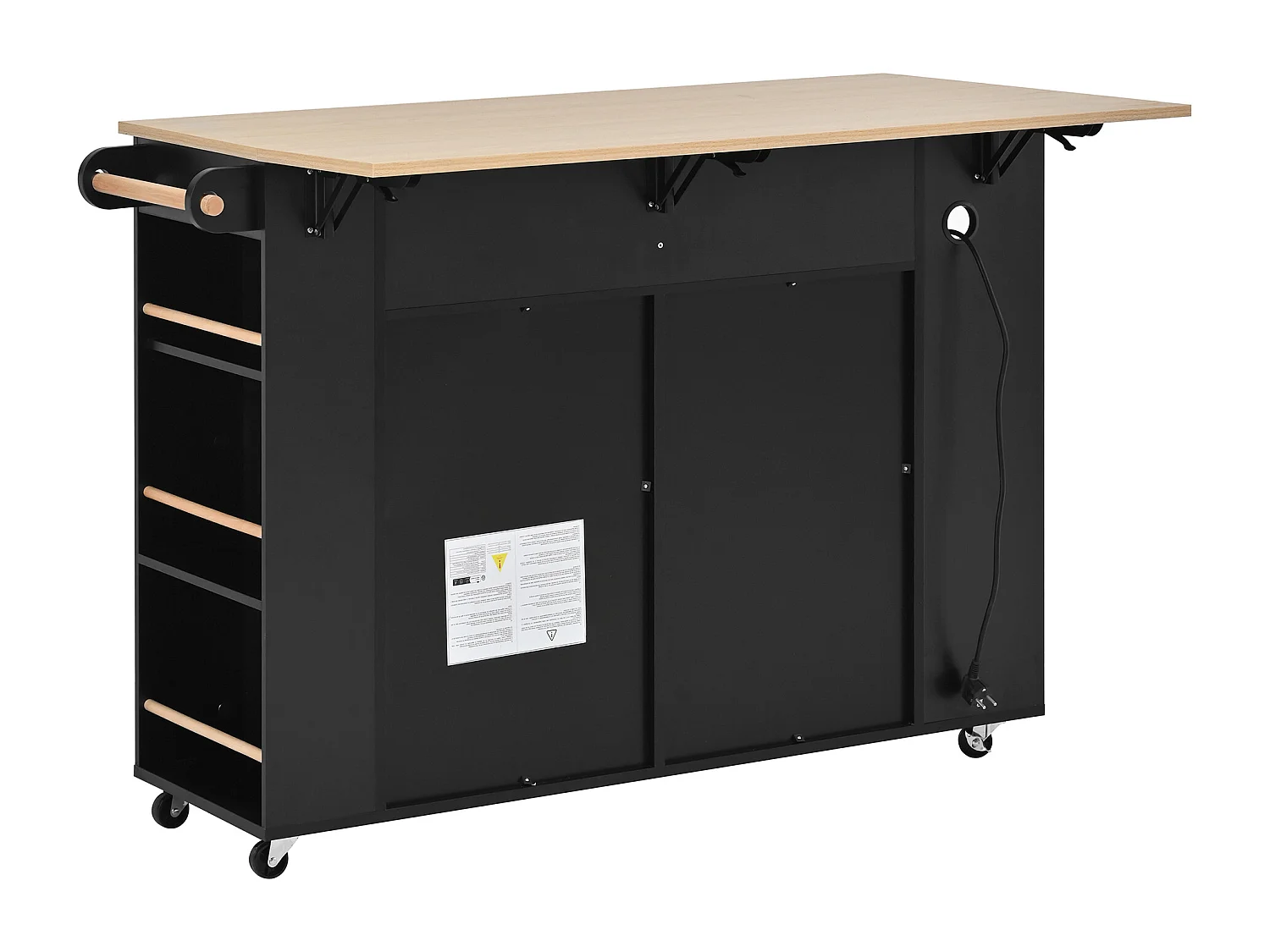 Isla de cocina negra con ruedas, 2 cajones y toma de corriente - Carro de servicio negro con superficie extensible 120x40-70 cm