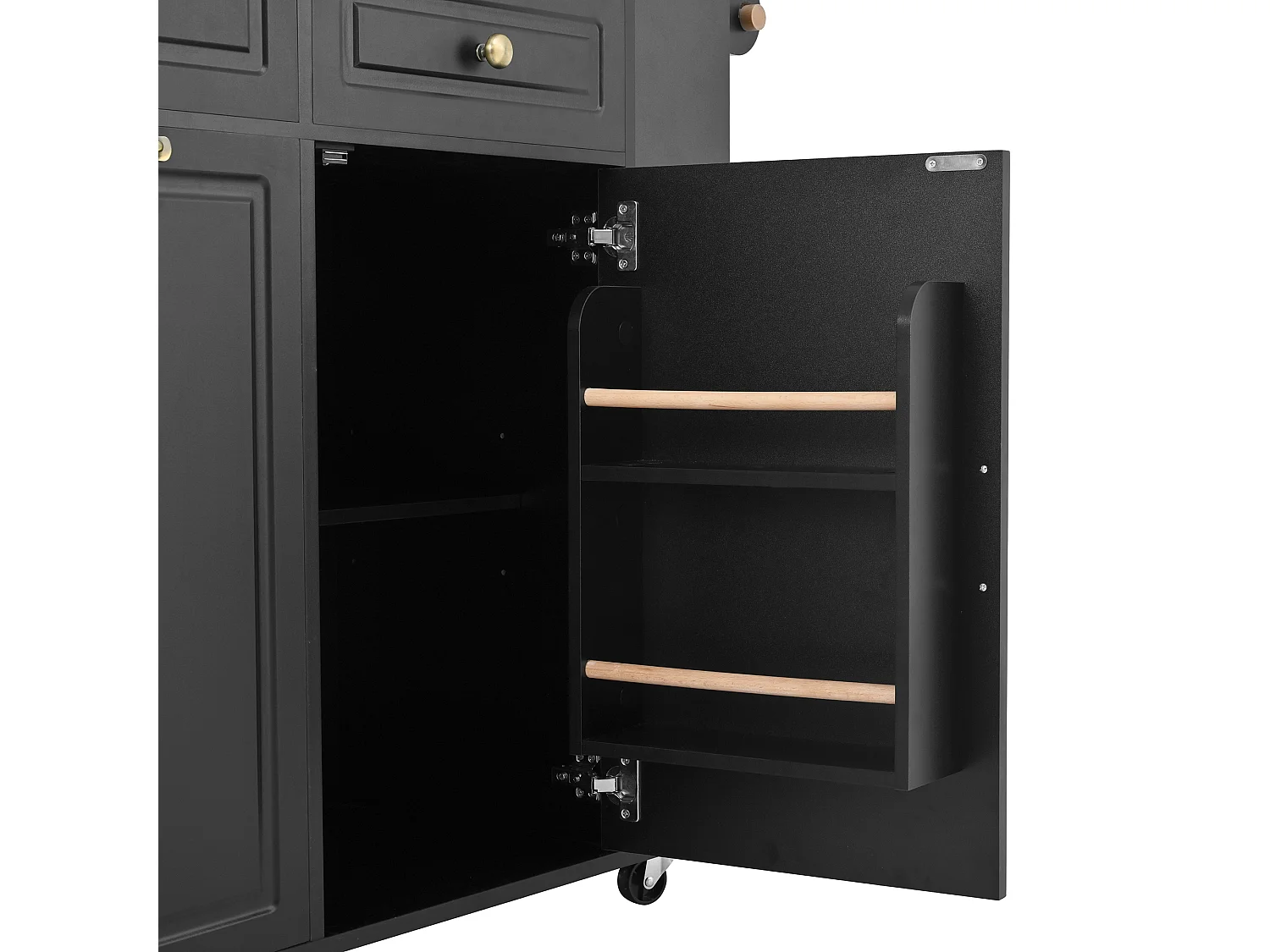 Isla de cocina negra con ruedas, 2 cajones y toma de corriente - Carro de servicio negro con superficie extensible 120x40-70 cm