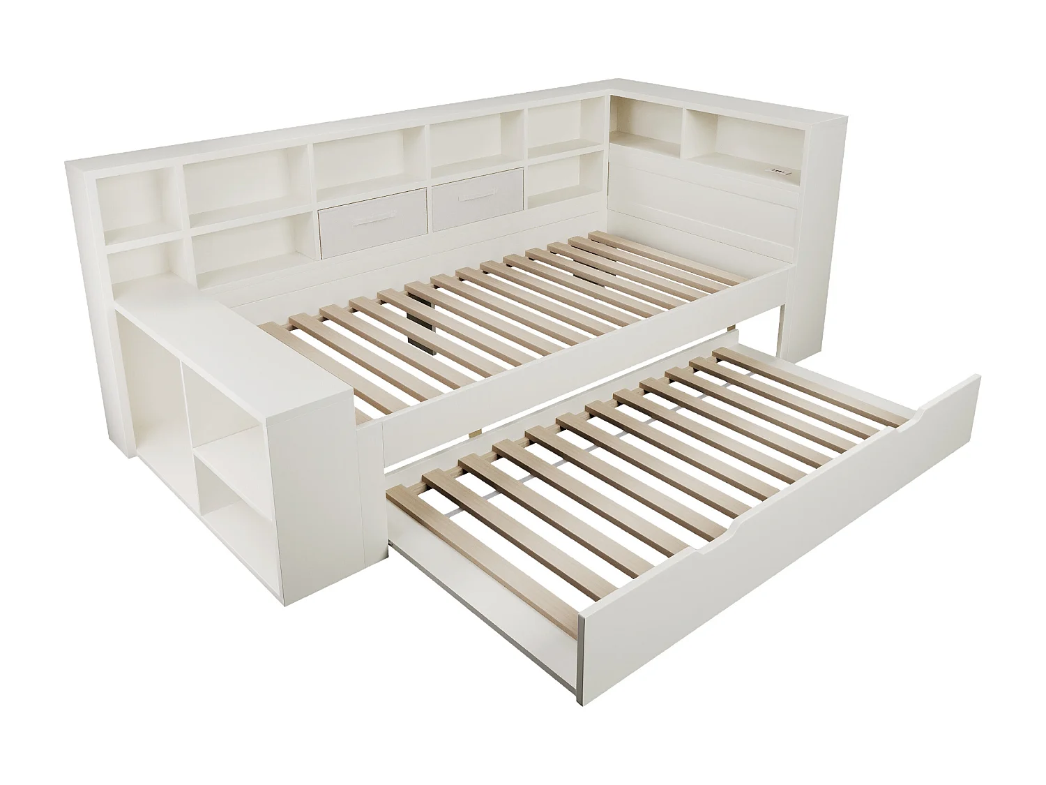 Kinderbed 90x200 cm met uitschuifbed 90x190 cm, wit hout - USB/Type-C-poorten en opbergruimte