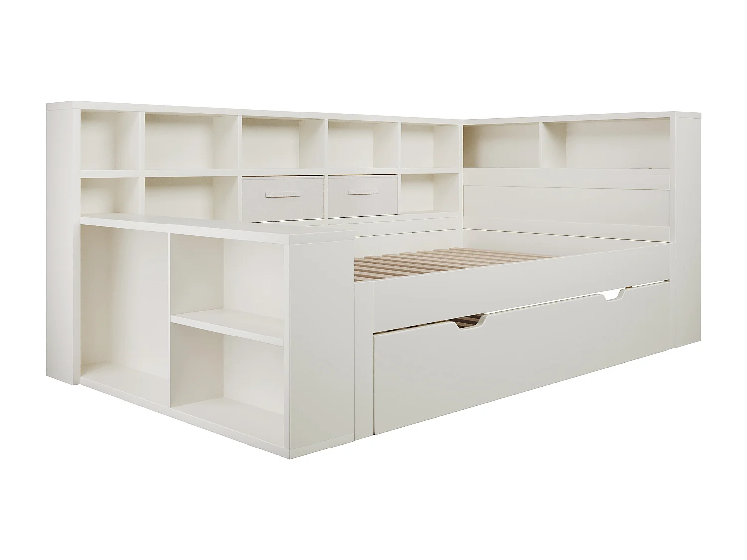 Kinderbed 90x200 cm met uitschuifbed 90x190 cm, wit hout - USB/Type-C-poorten en opbergruimte