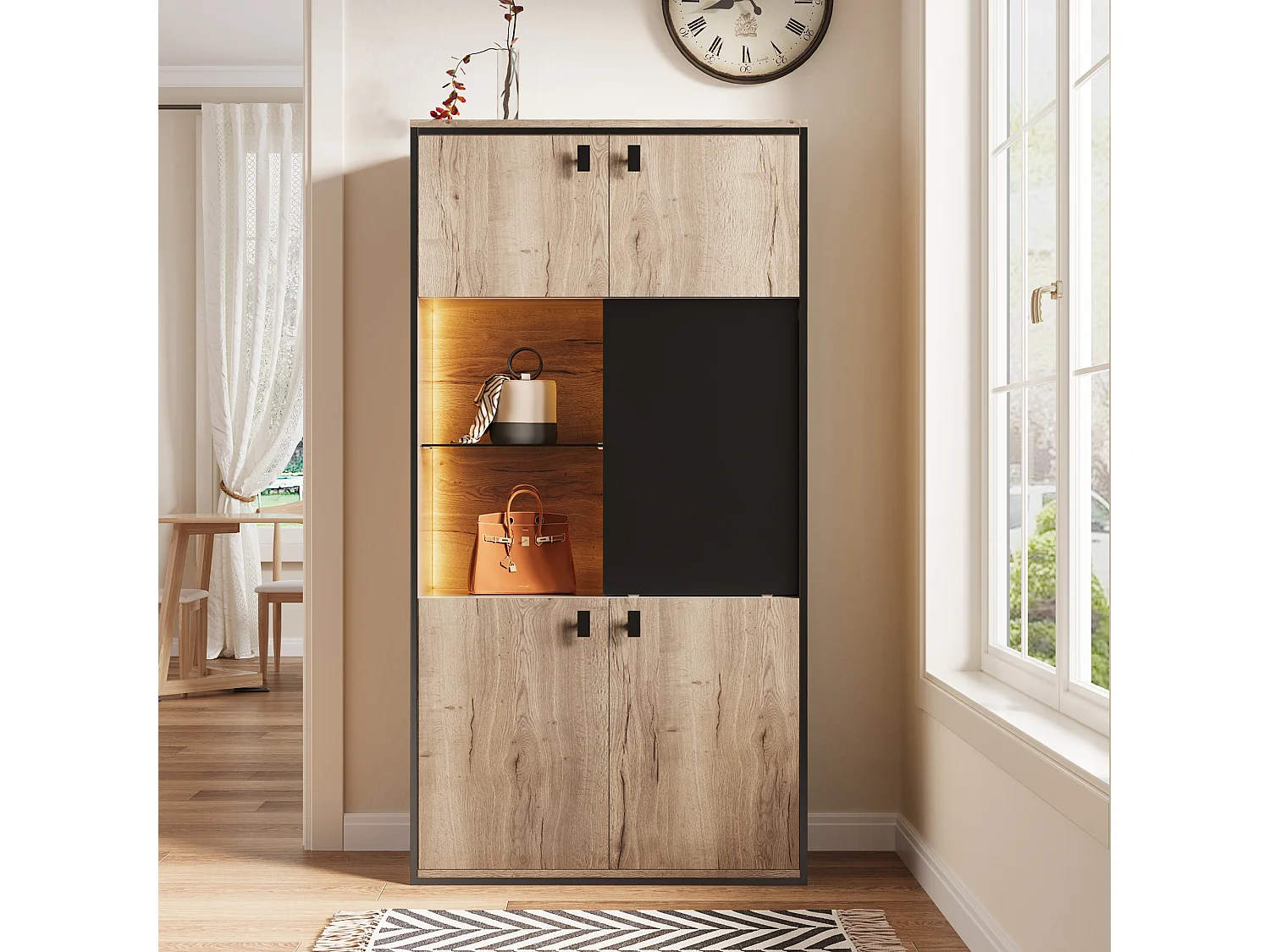 Credenza alta a LED con 5 ante - Legno naturale e colore nero 77,8x36x150cm