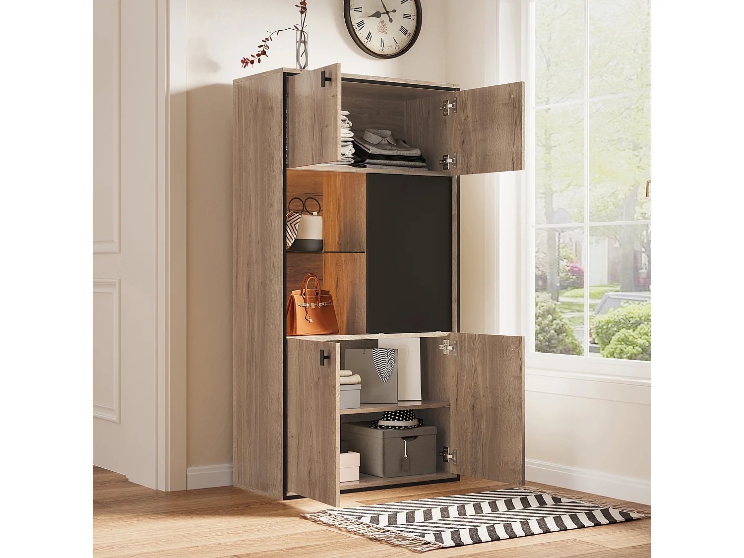 Credenza alta a LED con 5 ante - Legno naturale e colore nero 77,8x36x150cm